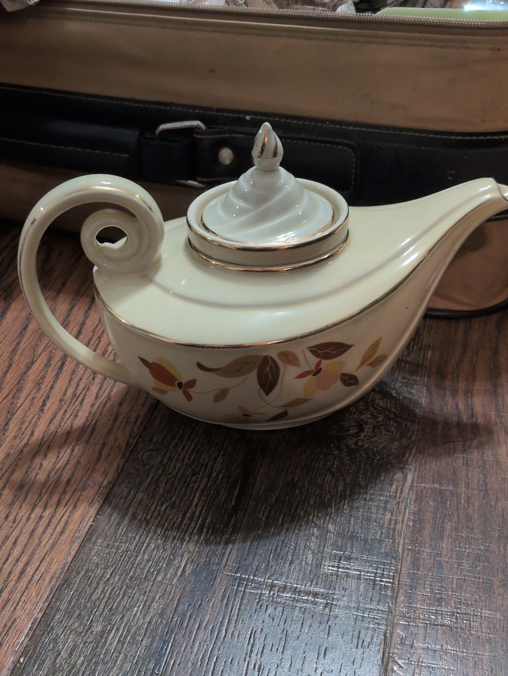 HALLS Cream Porcelain Decorative Teapot with Gold Trim and Autumn Leaf Pattern
